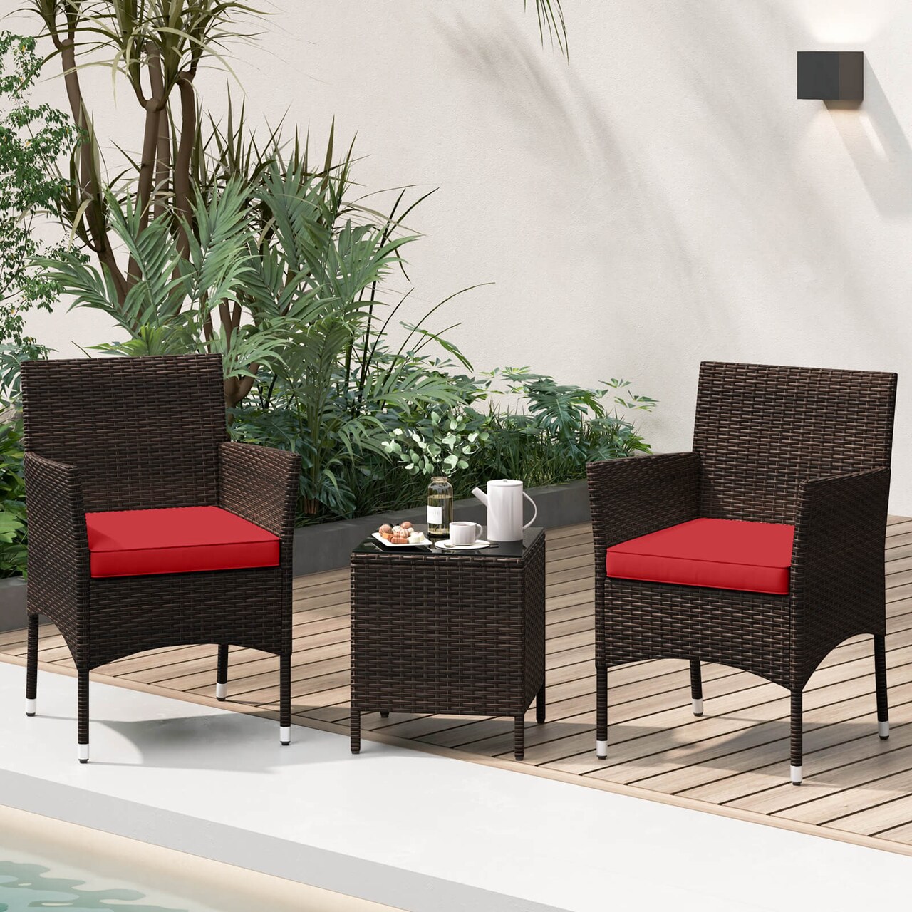 Costway 3PCS Patio Rattan Furniture Set Cushioned Sofa Glass Tabletop Deck Red\Blue\ White